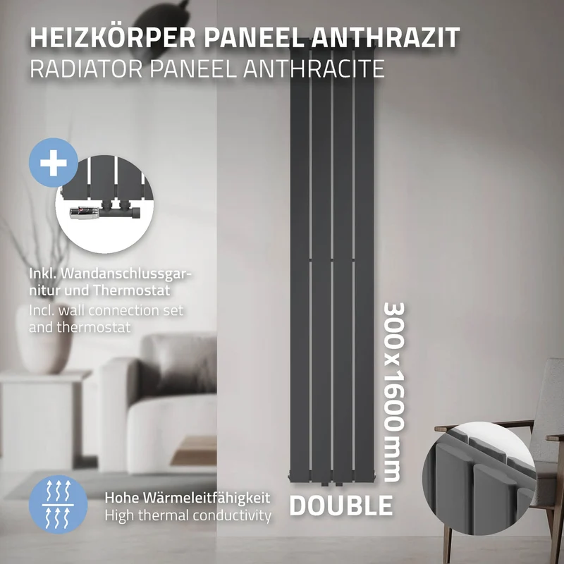 Paneelheizkörper Doppellagig 30x160cm Anthrazit inkl. Wand Anschlussgarnitur ML-Design