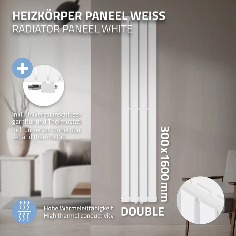 Paneelheizkörper Doppellagig 30x160cm Weiß inkl. Universale Anschlussgarnitur ML-Design