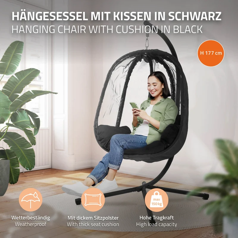 Hängesessel 100x105x177 cm Schwarz aus Stahl mit Gestell und Sitzkissen 150kg ML-Design