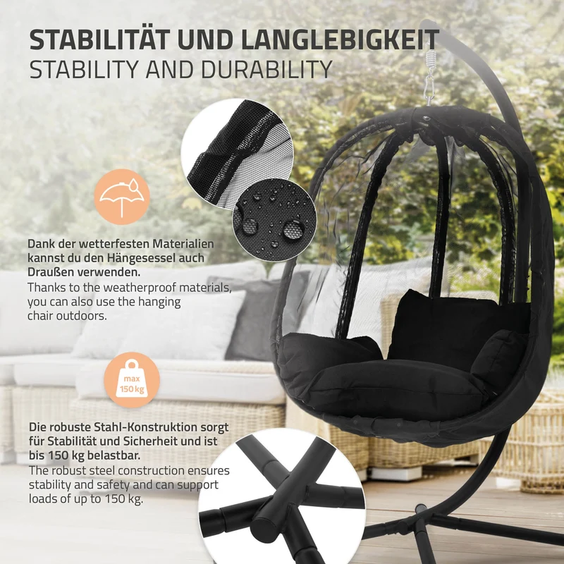 Hängesessel 100x105x177 cm Schwarz aus Stahl mit Gestell und Sitzkissen 150kg ML-Design