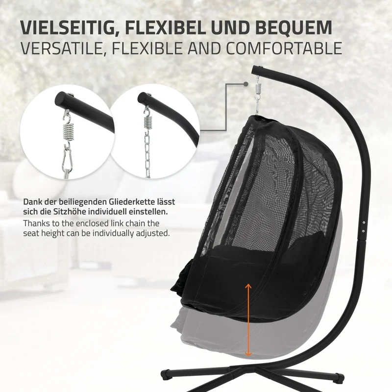 Hängesessel 100x105x177 cm Schwarz aus Stahl mit Gestell und Sitzkissen 150kg ML-Design