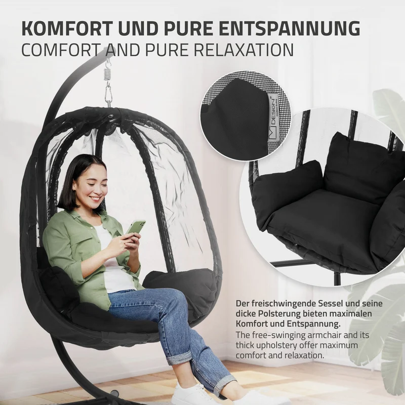 Hängesessel 100x105x177 cm Schwarz aus Stahl mit Gestell und Sitzkissen 150kg ML-Design