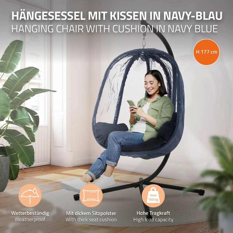 Hängesessel 100x105x177 cm Navy aus Stahl mit Gestell und Sitzkissen 150kg ML-Design