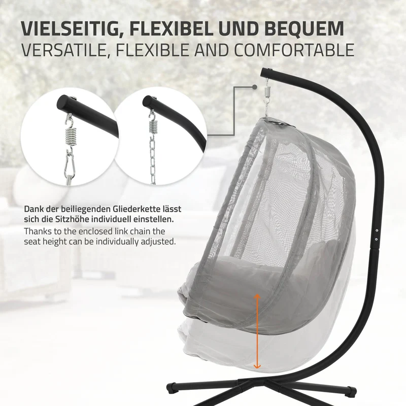Hängesessel 100x105x177 cm Grau aus Stahl mit Gestell und Sitzkissen 150kg ML-Design
