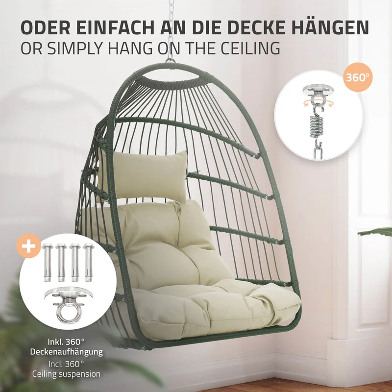Hängesessel 100x105x195 cm Khaki aus Polyester mit Gestell und Kissen ML-Design