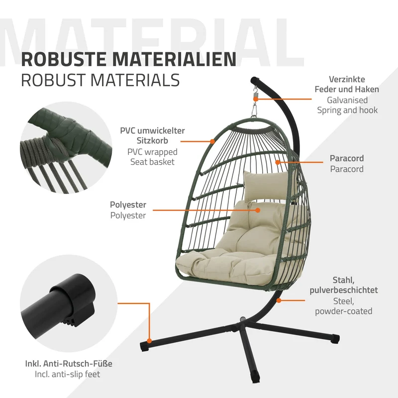 Hängesessel 100x105x195 cm Khaki aus Polyester mit Gestell und Kissen ML-Design