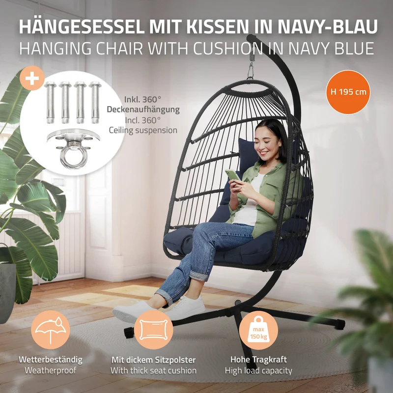 Hängesessel 100x105x195 cm Navyblau aus Polyester mit Gestell und Kissen ML-Design