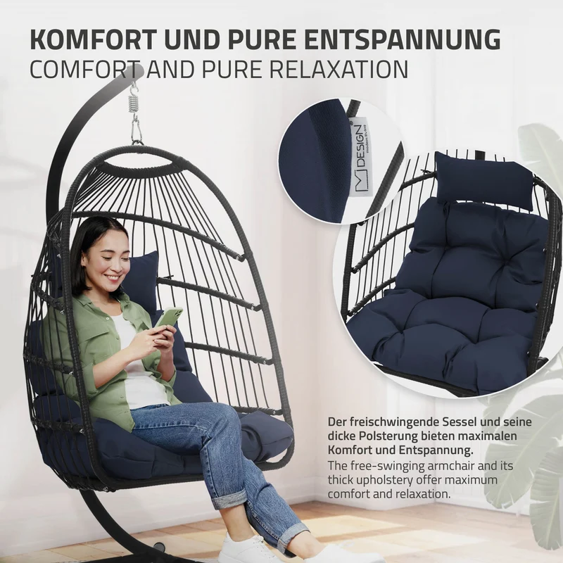 Hängesessel 100x105x195 cm Navyblau aus Polyester mit Gestell und Kissen ML-Design