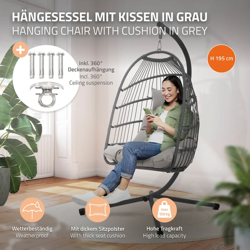 Hängesessel 100x105x195 cm Grau aus Polyester mit Gestell und Kissen ML-Design