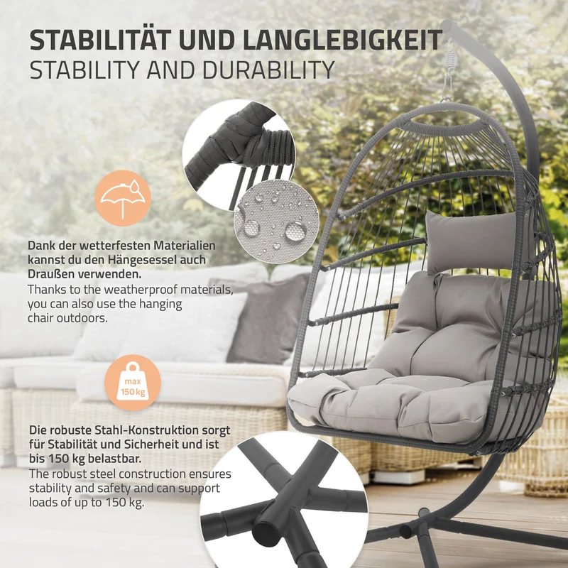 Hängesessel 100x105x195 cm Grau aus Polyester mit Gestell und Kissen ML-Design