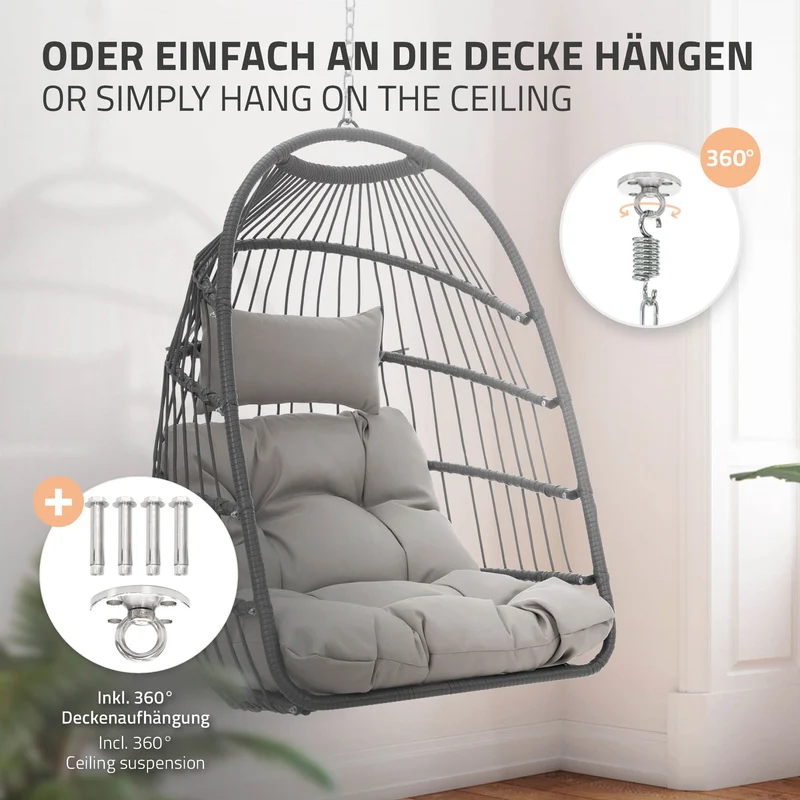 Hängesessel 100x105x195 cm Grau aus Polyester mit Gestell und Kissen ML-Design