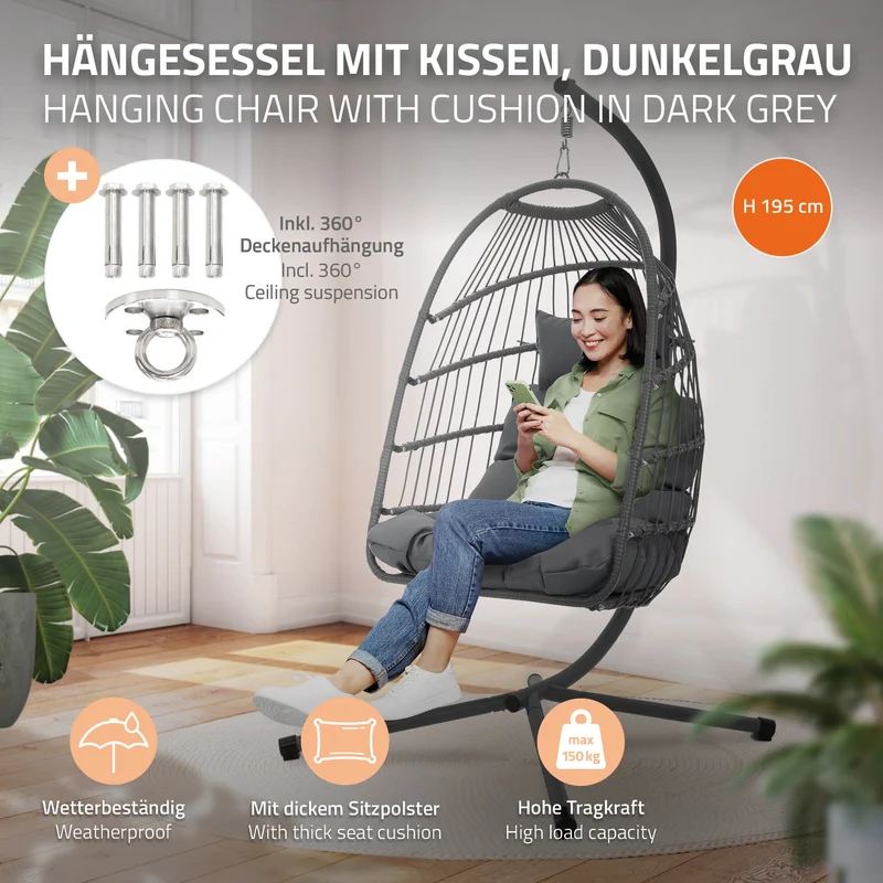 Hängesessel 100x105x195 cm Dunkelgrau aus Polyester mit Gestell und Kissen ML-Design