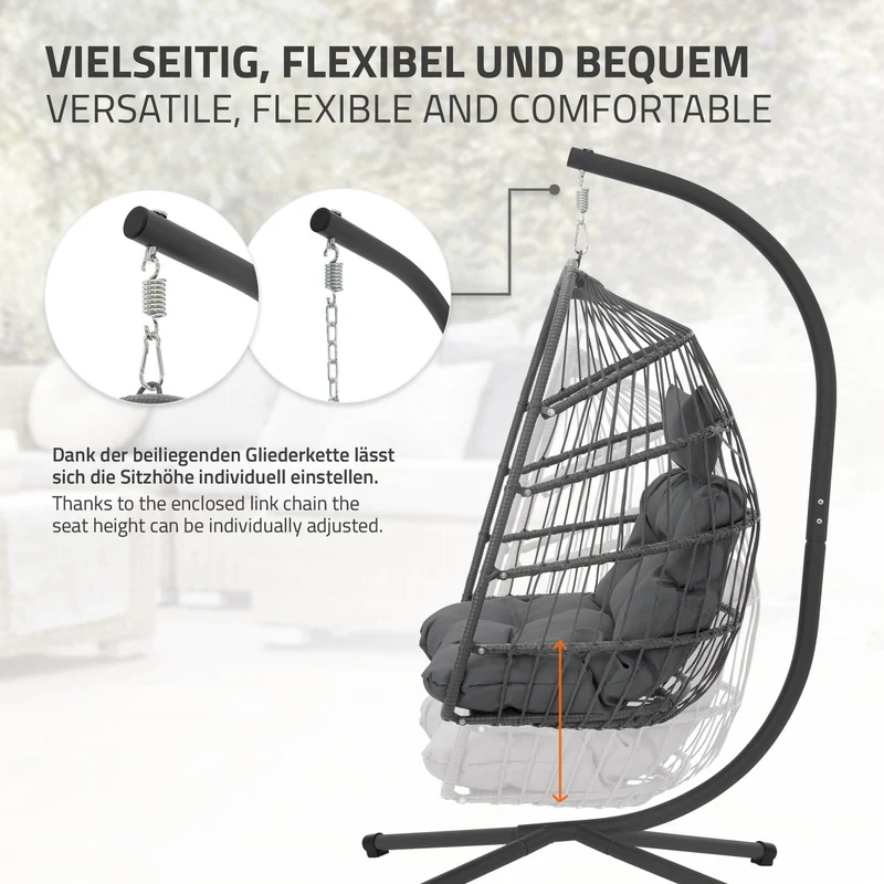 Hängesessel 100x105x195 cm Dunkelgrau aus Polyester mit Gestell und Kissen ML-Design