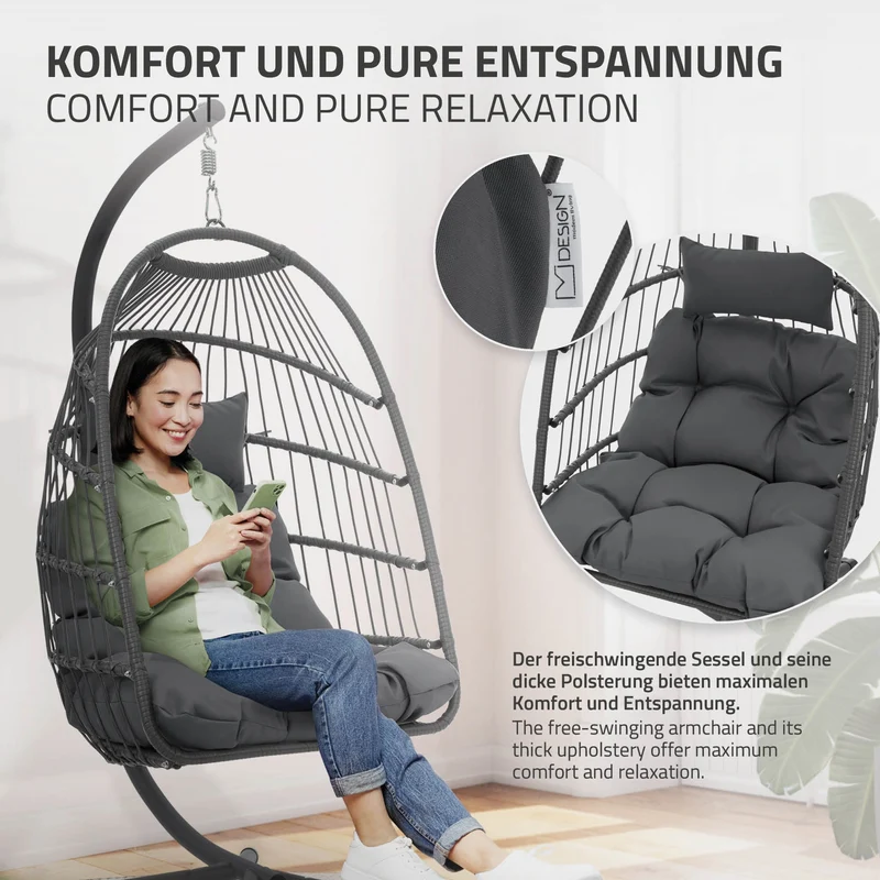 Hängesessel 100x105x195 cm Dunkelgrau aus Polyester mit Gestell und Kissen ML-Design