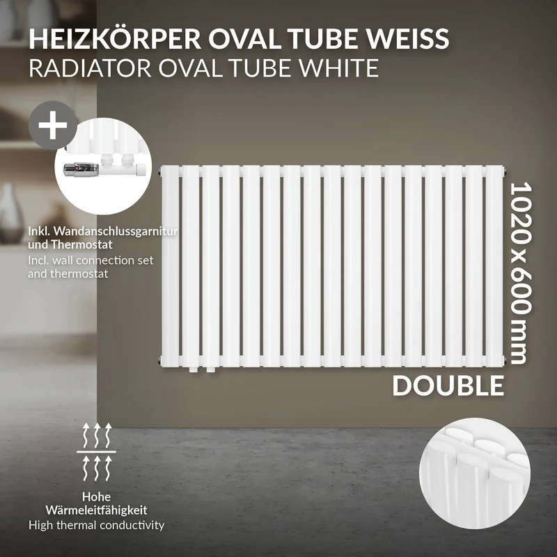 Paneelheizkörper Doppellagig 600x1020 mm Weiß inkl. Wand Anschlussgarnitur ML-Design