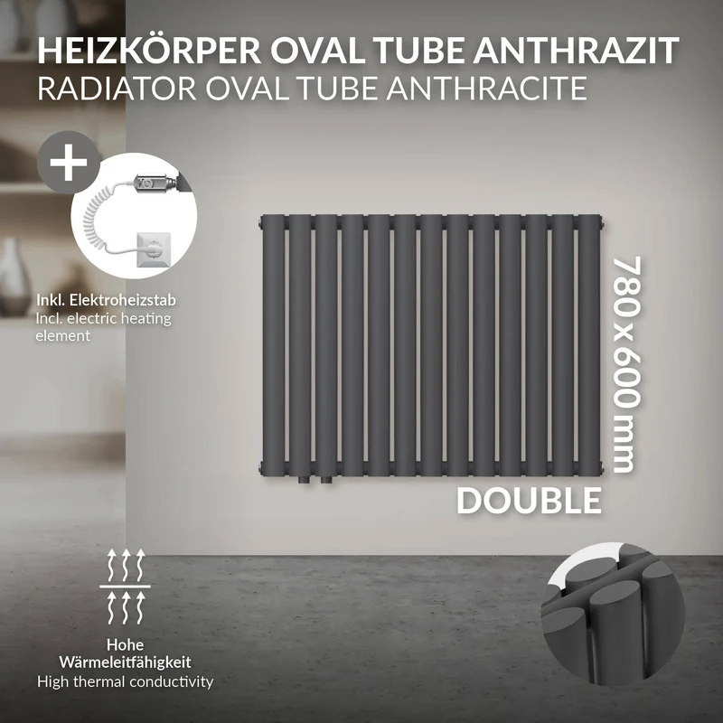 Paneelheizkörper Doppellagig mit Heizstab 600W 600x780 mm Anthrazit LuxeBath