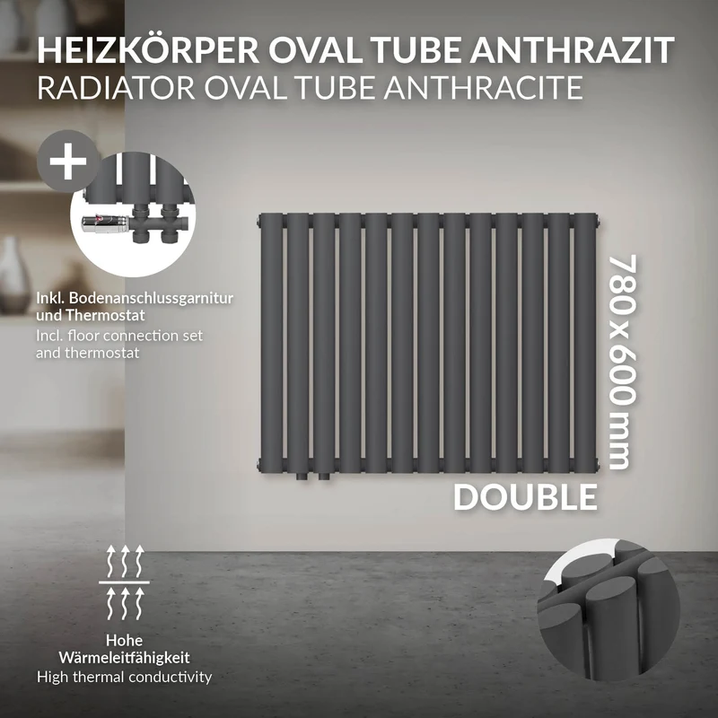 Paneelheizkörper Doppellagig 78x60cm Anthrazit inkl. Boden Anschlussgarnitur ML-Design
