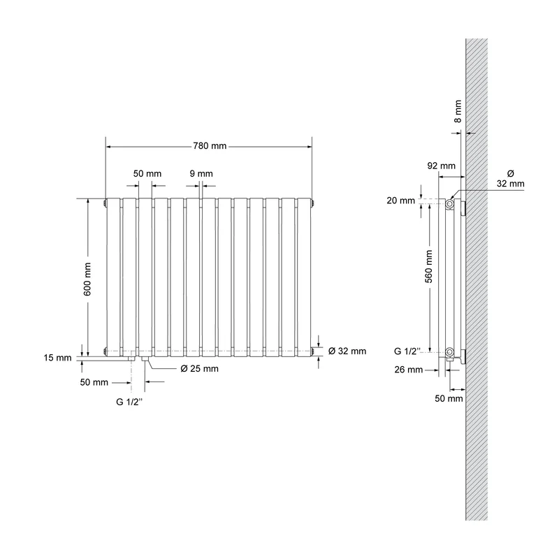 Paneelheizkörper Doppellagig 600x780 mm Anthrazit inkl. Universale Anschlussgarnitur ML-Design