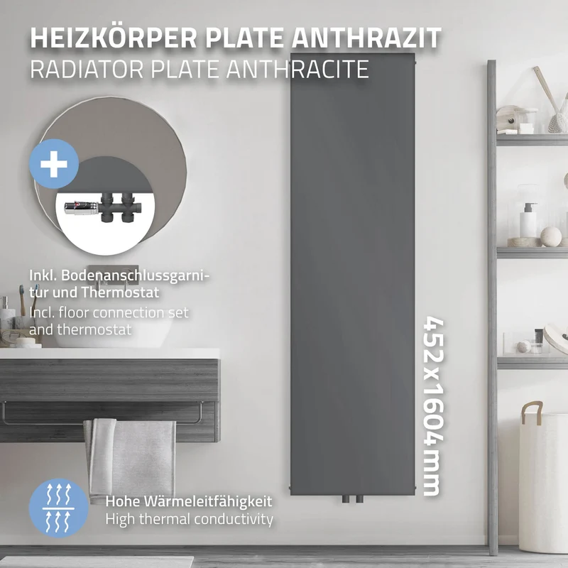 Badheizkörper 1600x452 mm Anthrazit mit Wand Anschlussgarnitur ML-Design