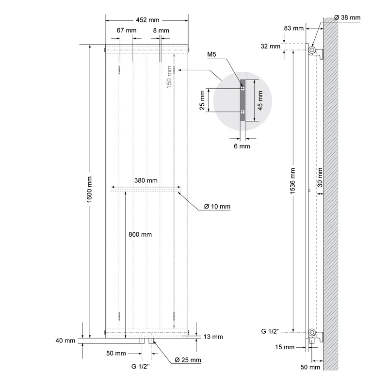 Badheizkörper 1600x452 mm Anthrazit mit Wand Anschlussgarnitur ML-Design