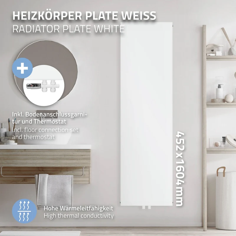 Badheizkörper 1600x452 mm Weiß mit Wand Anschlussgarnitur ML-Design