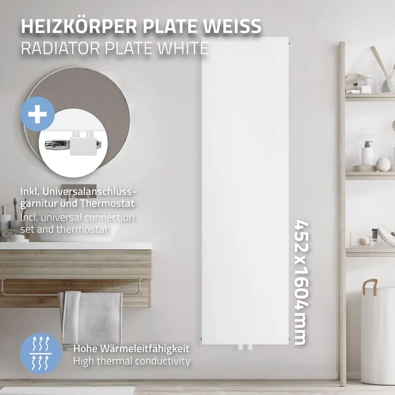 Badheizkörper 1600x452 mm Weiß mit Universale Anschlussgarnitur ML-Design