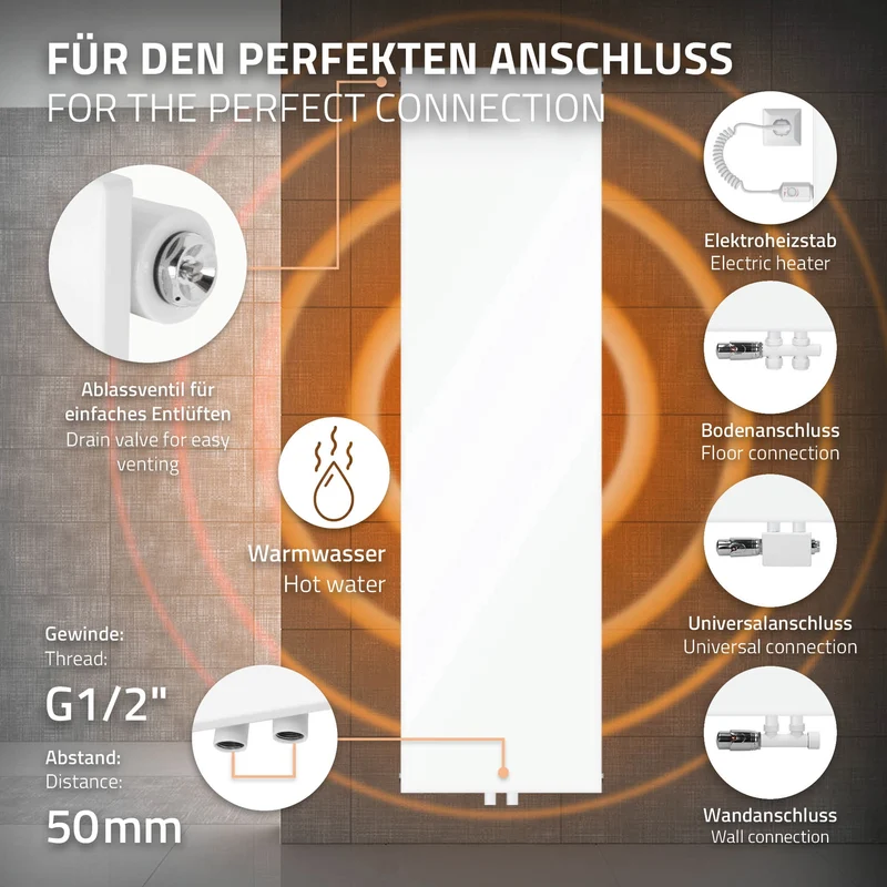 Badheizkörper 1600x452 mm Weiß mit Universale Anschlussgarnitur ML-Design