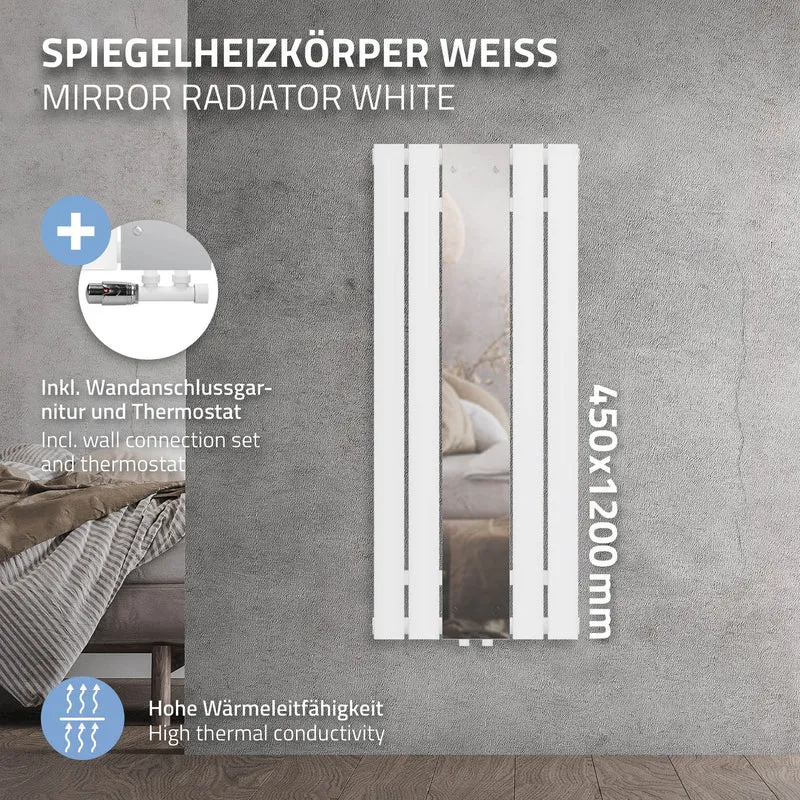 Badheizkörper Flach mit Spiegel und Wand Anschlussgarnitur 45x120 cm Weiß ML-Design