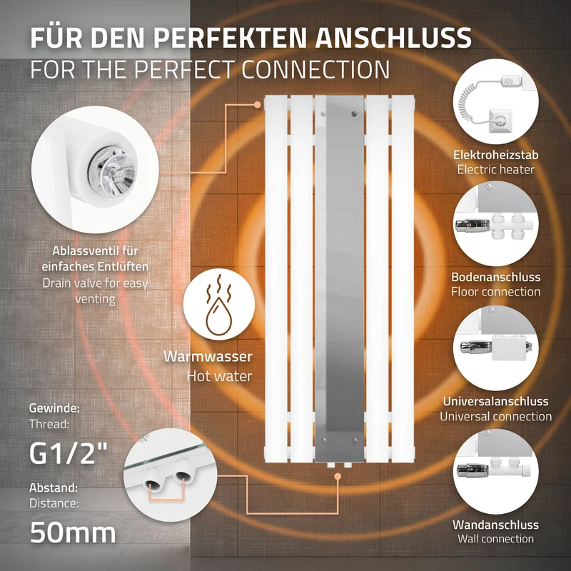 Badheizkörper Flach mit Spiegel und Boden Anschlussgarnitur 45x120 cm Weiß ML-Design