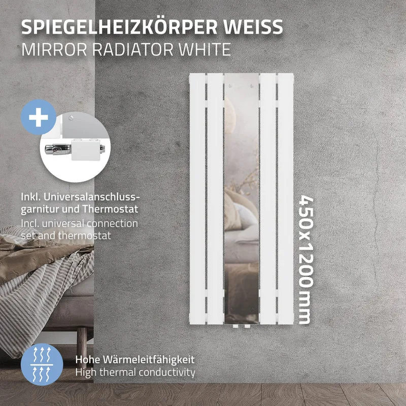Badheizkörper Flach mit Spiegel und Universale Anschlussgarnitur 45x120 cm Weiß ML-Design