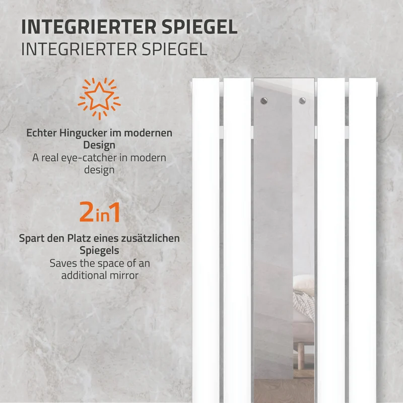 Badheizkörper Flach mit Spiegel und Universale Anschlussgarnitur 45x120 cm Weiß ML-Design