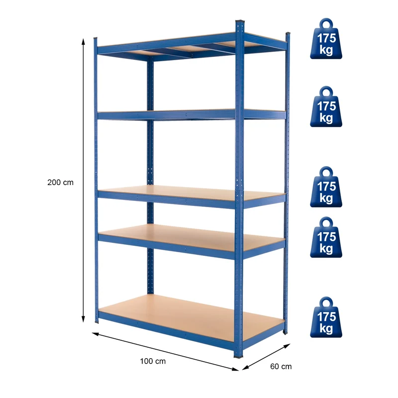 Werkstattregal 2er Set 200x100x60 cm Blau aus MDF Holzfaserplatte und Metall belastbar bis 875 kg
