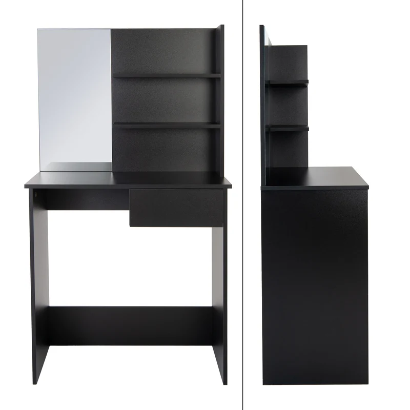 Schminktisch Frisiertisch 75x40x135 cm in Schwarz mit Spiegel, Schublade, 3 Ablagen & Hocker in Weiß ML-Design