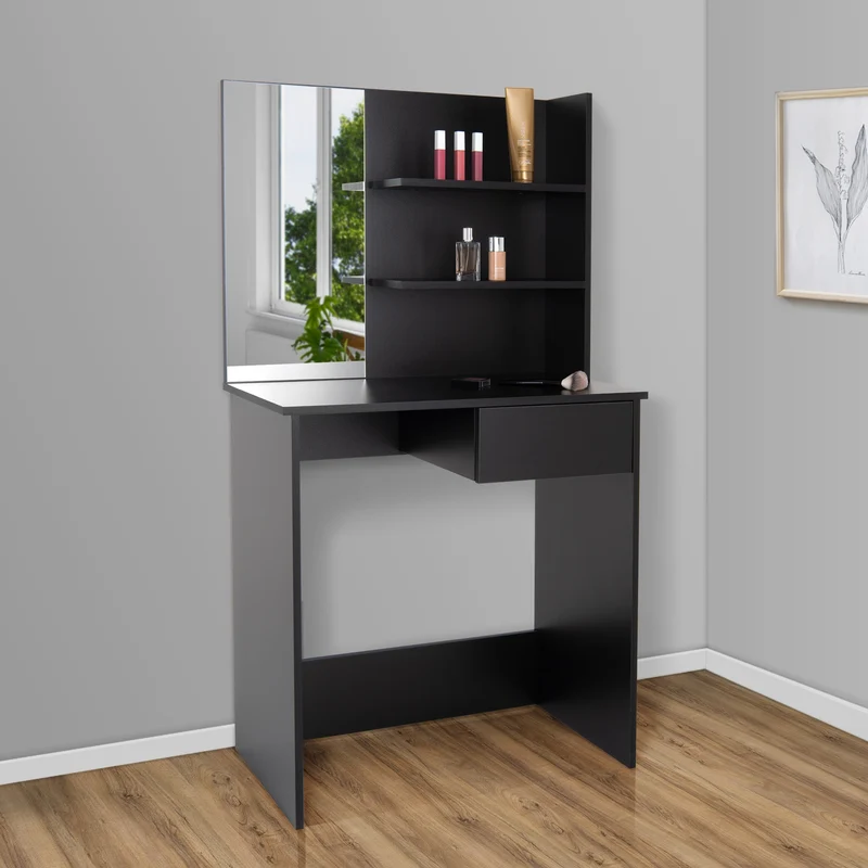 Schminktisch Frisiertisch 75x40x135 cm in Schwarz mit Spiegel, Schublade, 3 Ablagen & Hocker in Weiß ML-Design