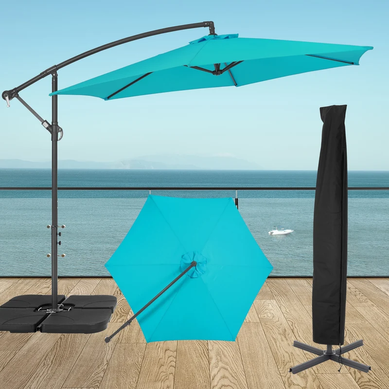 Ampelschirm mit Kurbel inkl. Abdeckung und Ständer Ø 300 cm Türkis aus Polyester