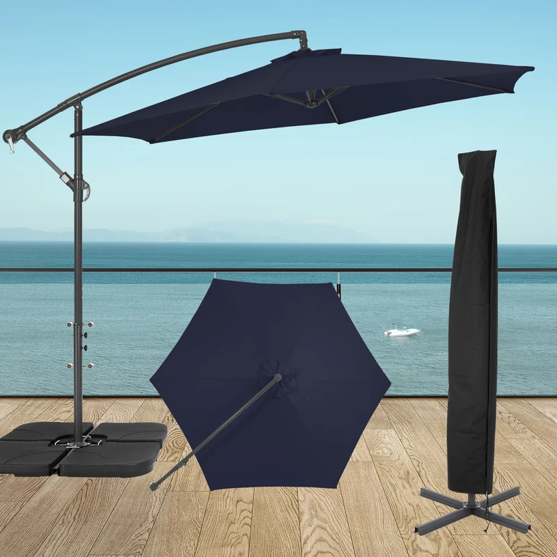 Sonnenschirm mit Kurbel inkl. Abdeckung und Ständer Ø 300 cm Navy-Blau aus Polyester