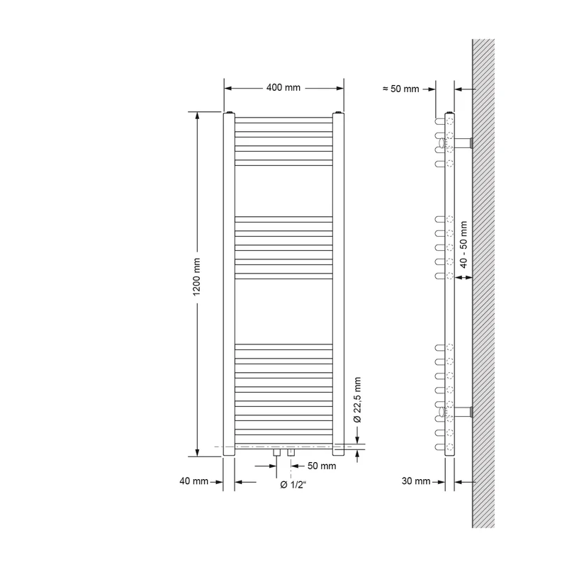 Badheizkörper Mittelanschluss 400x1200 mm Chrome gebogen mit Universale Anschlussgarnitur LuxeBath
