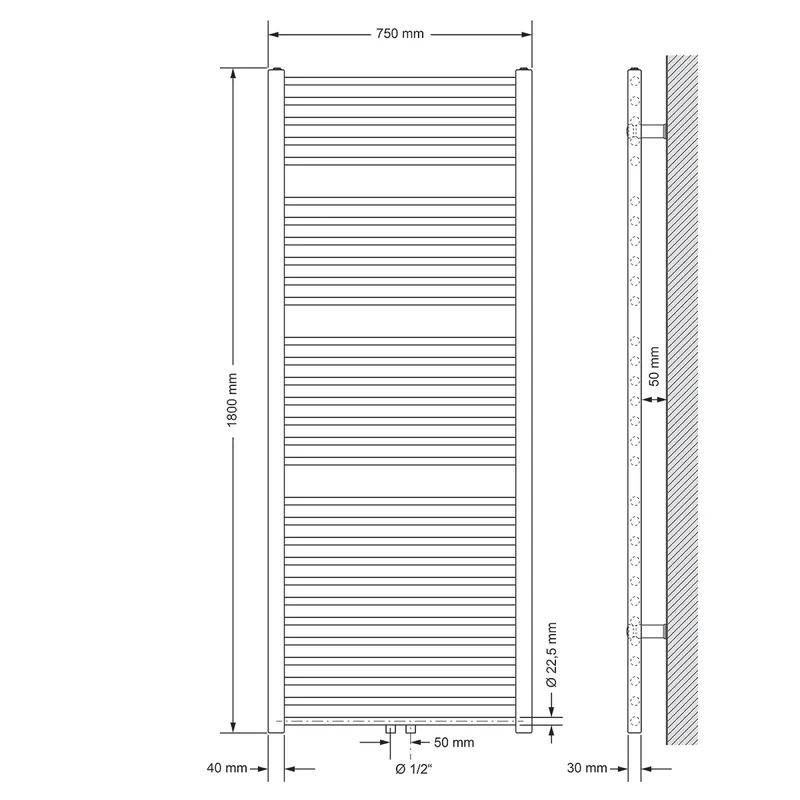 Badheizkörper Sahara 750x1800 mm Weiß gerade mit Mittelanschluss