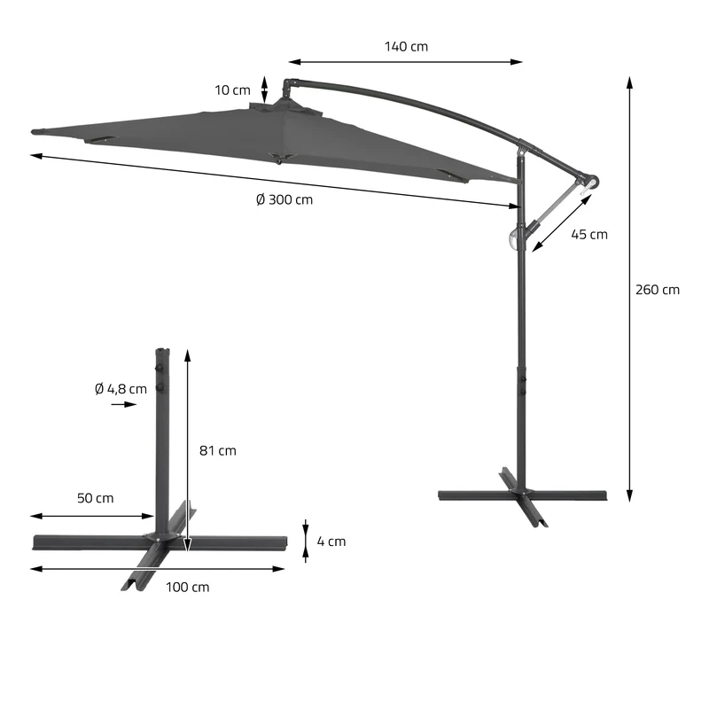 Sonnenschirm mit Kurbel anthrazit Ø 300 cm aus Aluminium und Polyester