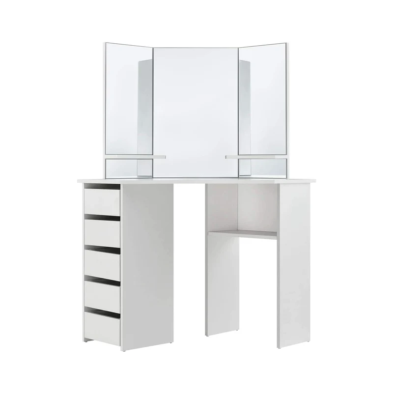 Schminktisch Frisiertisch 110x141,5x54 cm in Weiß mit Spiegel 3-tlg, 5 Schubladen, Ablage & Hocker Drehbar in Schwarz ML-Design