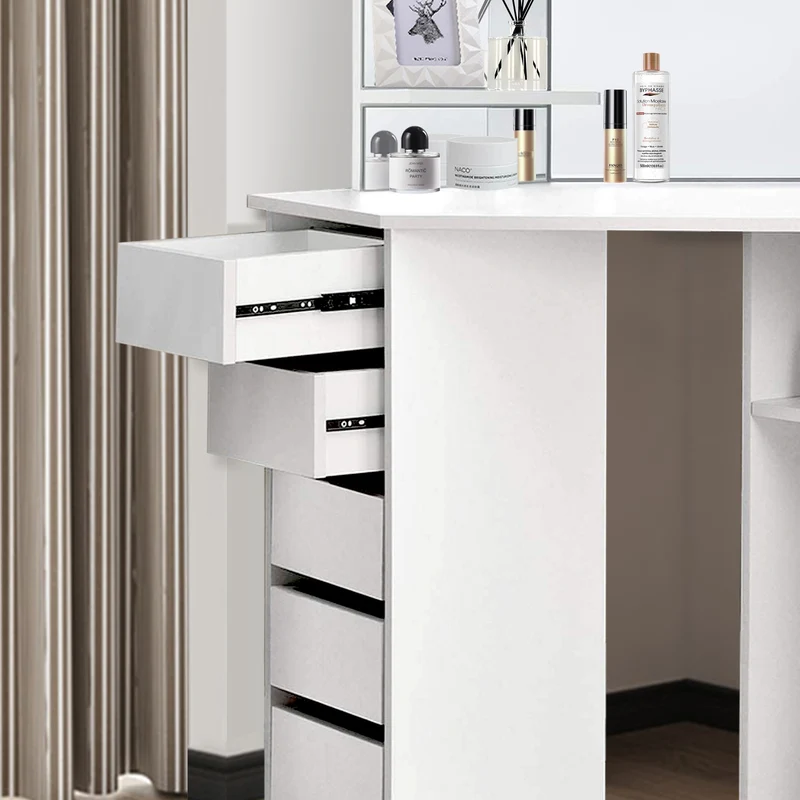 Schminktisch Frisiertisch 110x141,5x54 cm in Weiß mit Spiegel 3-tlg, 5 Schubladen, Ablage & Hocker Drehbar in Schwarz ML-Design