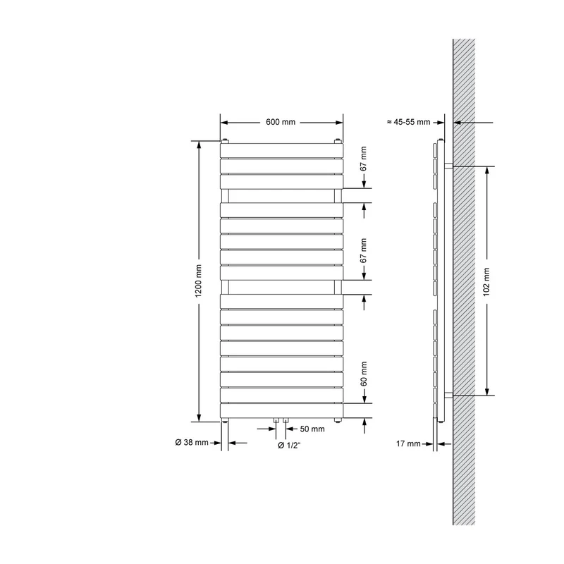 Badheizkörper Steam 1200x600 mm Weiß mit Mittelanschluss