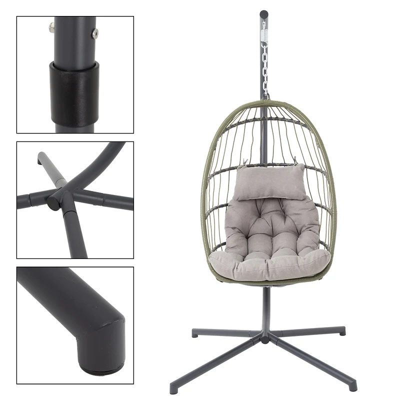 Hängesessel Grün mit Gestell und Kissen aus Stahl und Polyrattan-Geflecht