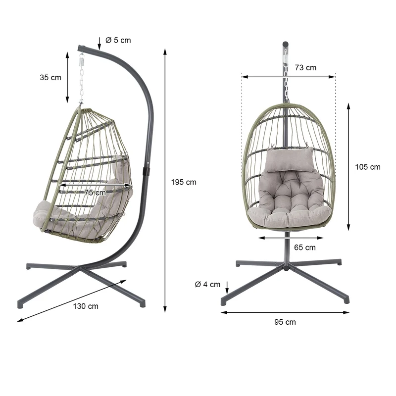 Hängesessel Grün mit Gestell und Kissen aus Stahl und Polyrattan-Geflecht
