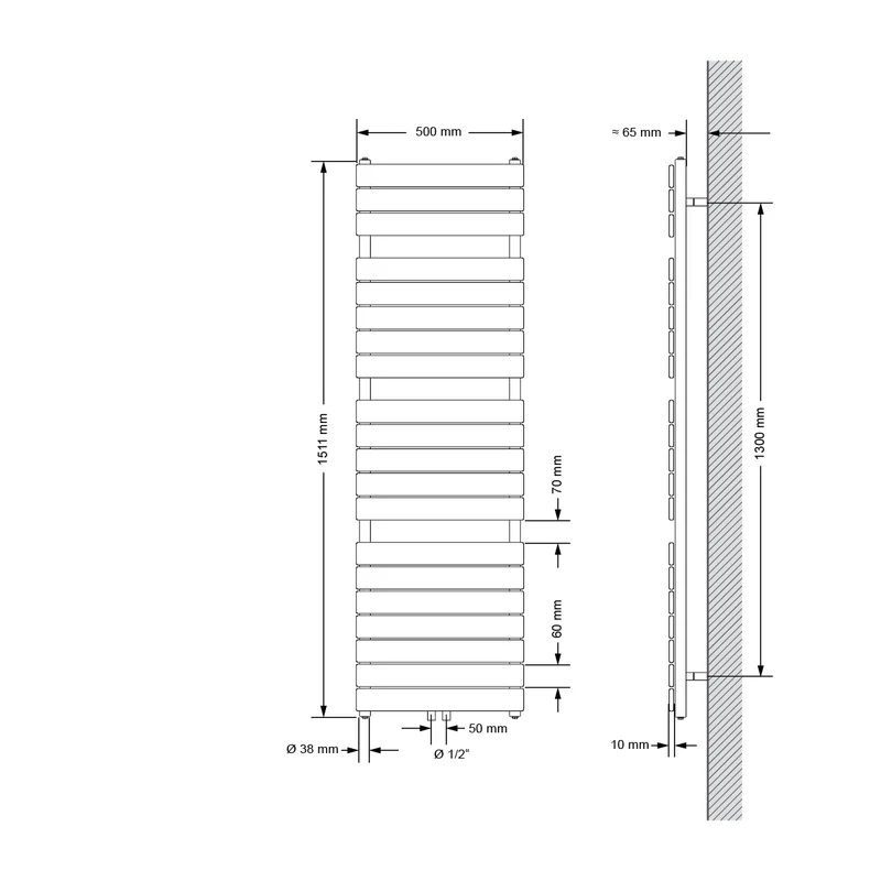 Badheizkörper Steam 500x1511 mm Weiß mit Mittelanschluss und Boden Anschlussgarnitur