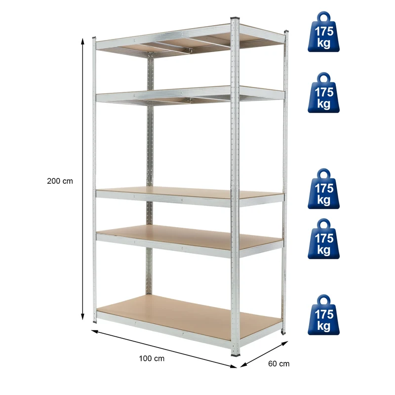Werkstattregal 200x100x60 cm Silber aus MDF Holzfaserplatte und Metall belastbar bis 875 kg