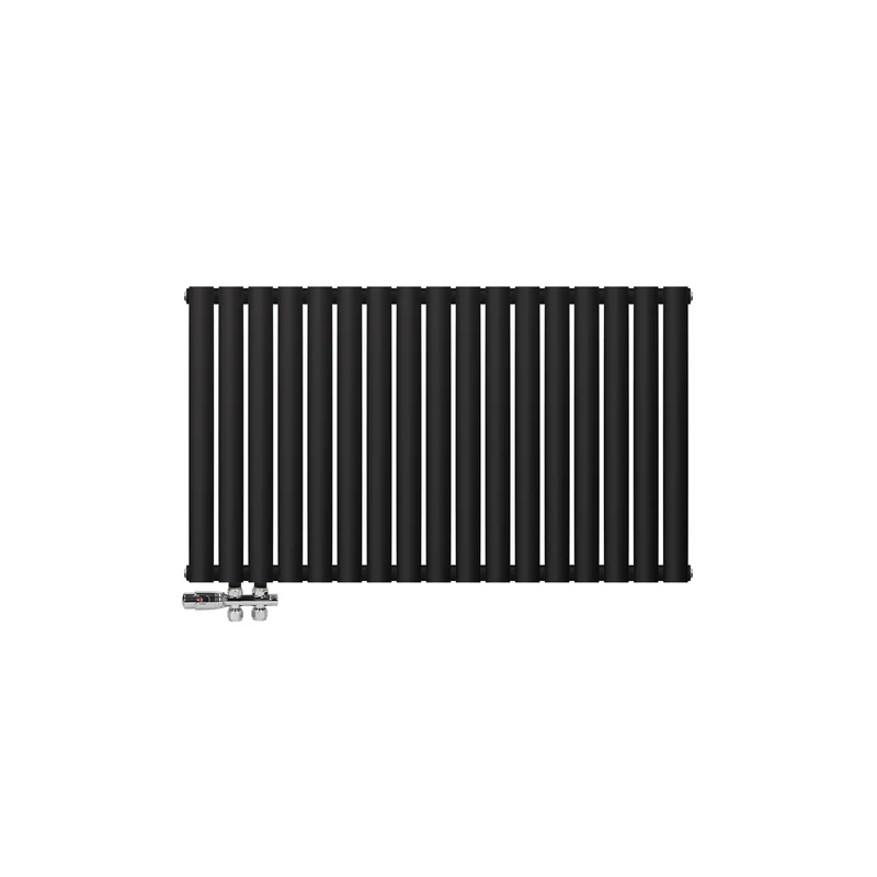 Badheizkörper Einlagig Horizontal 600x1020 mm Schwarz inkl. Anschlussgarnitur mit Thermostat Durchgangsform LuxeBath
