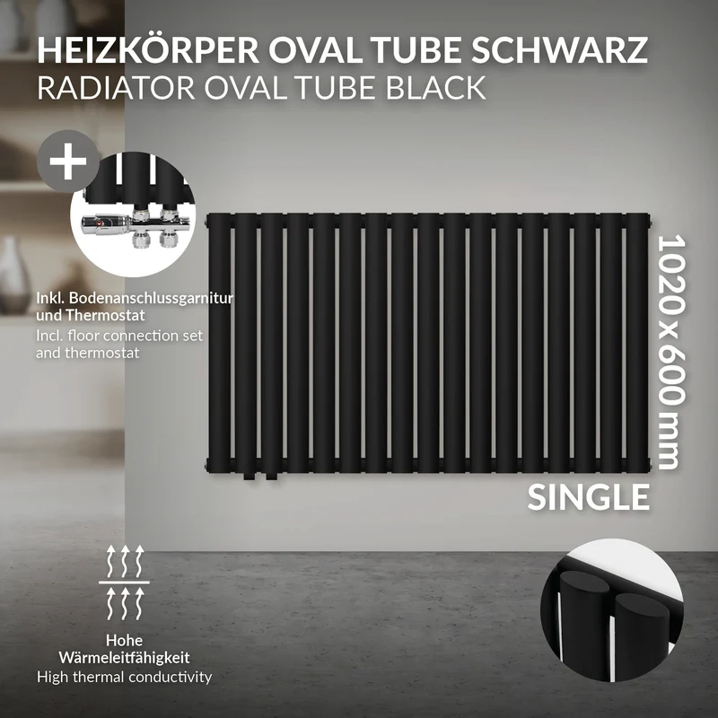 Badheizkörper Einlagig Horizontal 600x1020 mm Schwarz inkl. Anschlussgarnitur mit Thermostat Durchgangsform LuxeBath