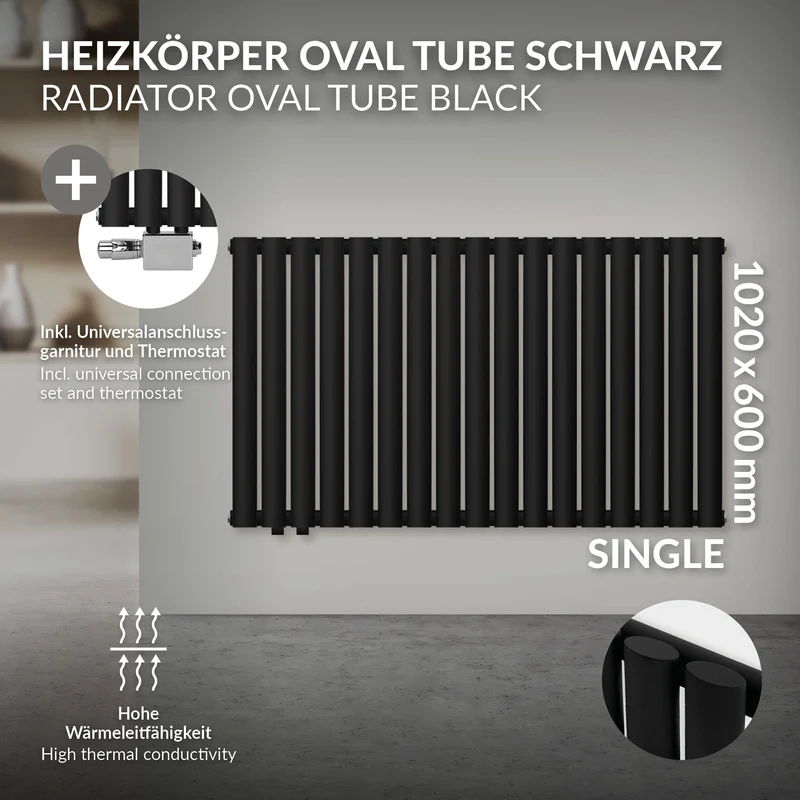 Badheizkörper Einlagig Horizontal 600x1020 mm Schwarz inkl. Anschlussgarnitur mit Thermostat Universal LuxeBath