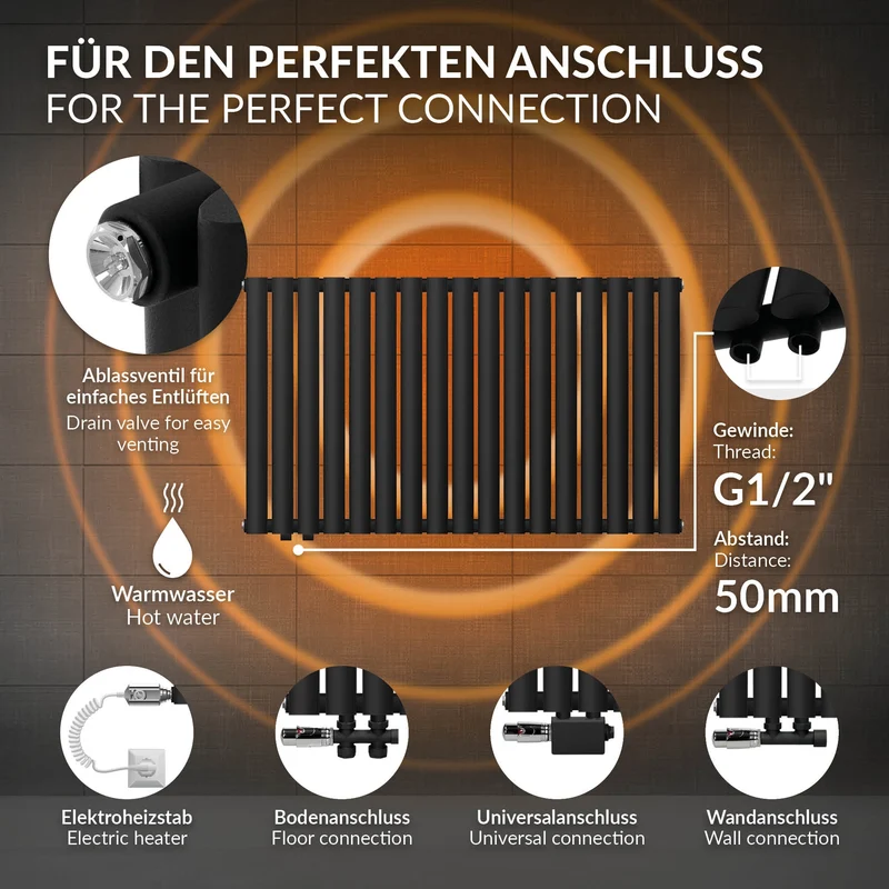 Badheizkörper Einlagig Horizontal 600x1020 mm Schwarz inkl. Anschlussgarnitur mit Thermostat Universal LuxeBath